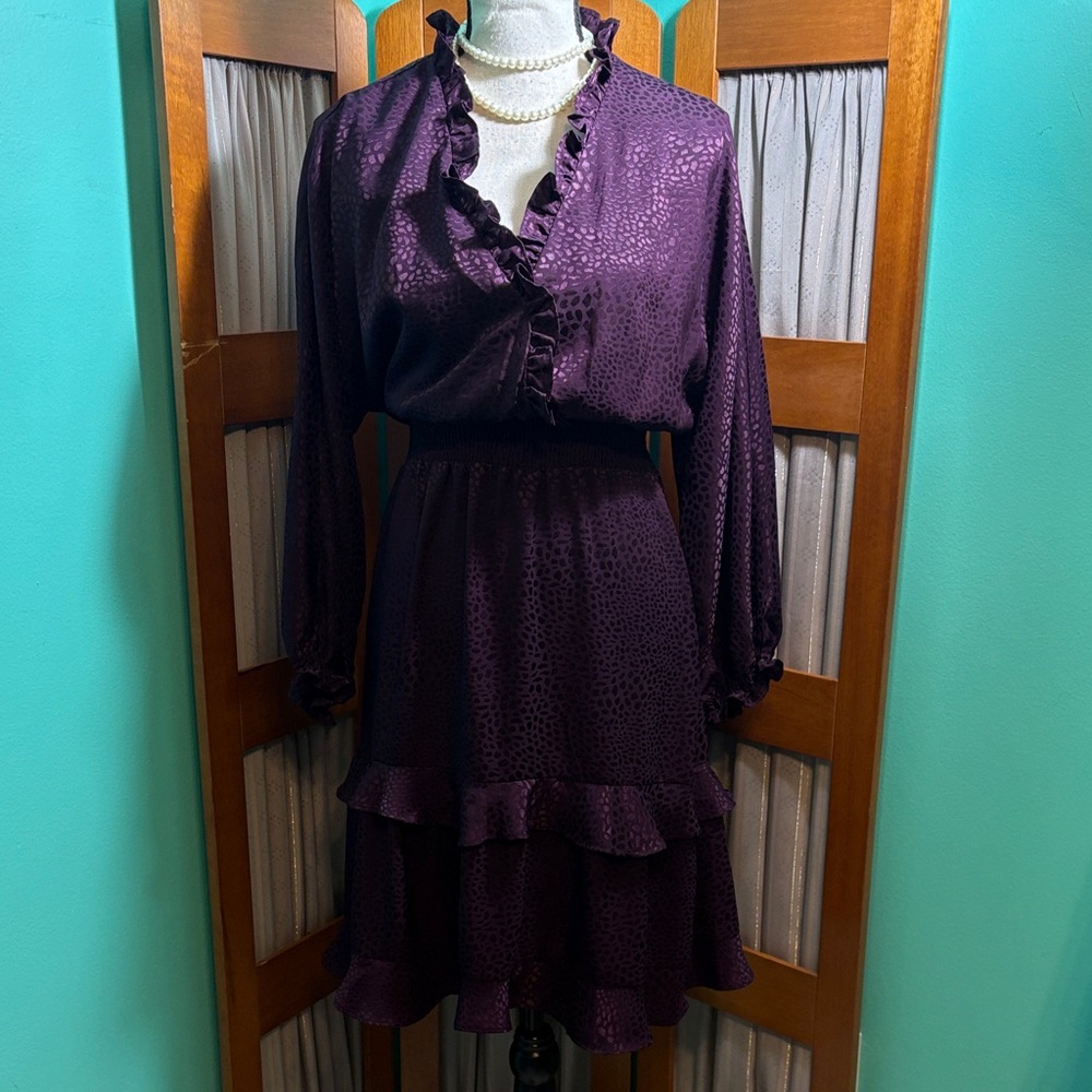 Emma & Michele Elegant Long Sleeve Dress in Deep Purple